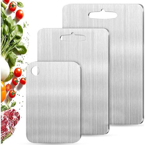 3 Pièces Planche à Découper Inox, Planche Inox, Planche en Inox, Planche À Découper Antiadhésive Double en Acier Inoxydable 304 pour Légumes, Fruits, Viande (39 27+34 23cm+25 15cm) (1/5)