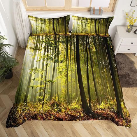 Arbre Housse de Couette Feuille Branche Parure de Lit 200x200cm Naturel Soleil Paysage Ensembles de Housse de Couette pour Enfants Chambre Décor Woodland Scene avec 2 Taie d'oreiller - 200x200cm (1/5)