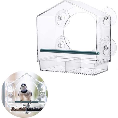 Comedero de ventana para pájaros - casita para pájaros - comedero para aves silvestres - acrílico con ventosas - alimento para pájaros (1/5)