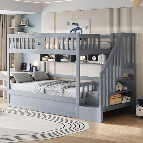 Etagenbett 90x200 grau mit Stauraumtreppe und Regal, Hochbett aus Massivholz, Jugendbett mit hydraulischem Unterbett (1/5)