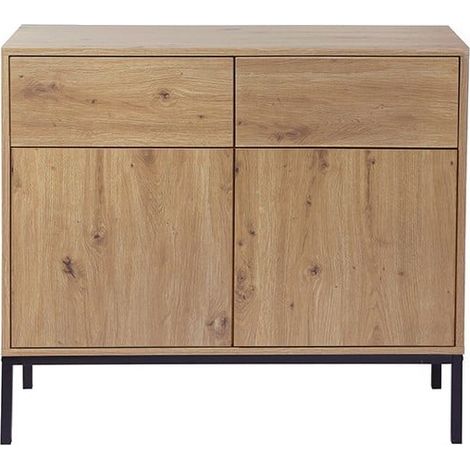 Calicosy – Buffet 2 portes 2 tiroirs en panneaux de particules – Décor chêne – Piétement métal noir – L90 x H80 cm – Ouverture tiroirs push/pull