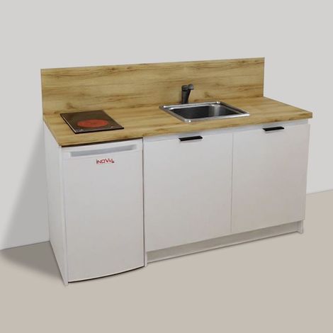 Inoval – Kitchenette blanche 170cm – Meuble mélaminé 16mm – Évier inox 39cm – Plaque vitrocéramique 3000W – Réfrigérateur table top 86L