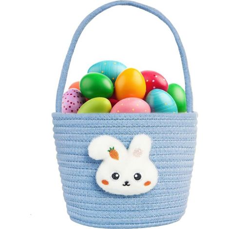 Bunny Easter Basket Bags with Handle, Cotton Rope Egg Hunt Buckets Rabbit Design Portable Tote for Candy Storage, Gifts (1/5)