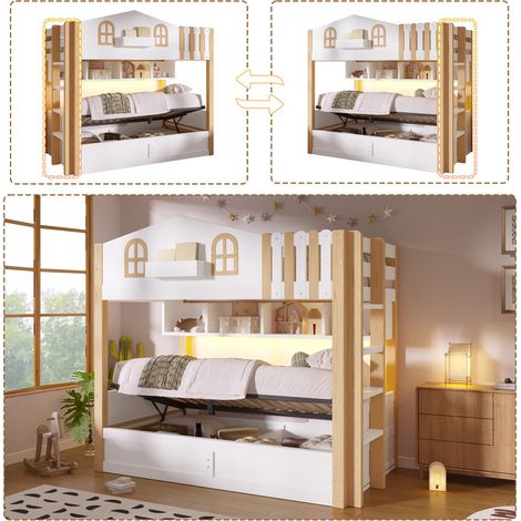 Litera 90x200 cm con diseño de casa, cama litera infantil con almacenaje hidráulico, luces LED, compartimento abierto y escalera montable a ambos lados, sin colchón (1/5)