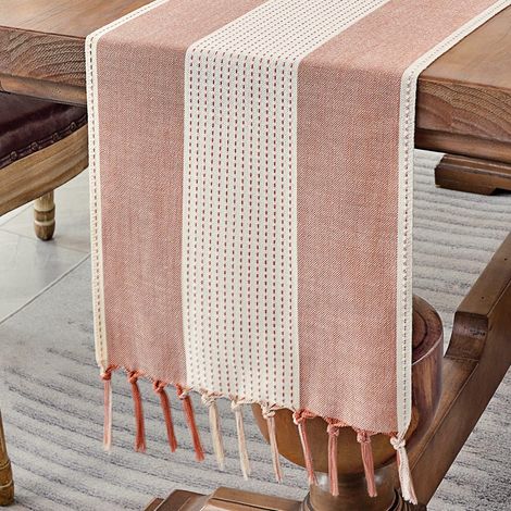 Chemin de table en macramé de coton et lin de 183 cm de long avec pompons faits main, idéal pour un café ou une maison de campagne (rouge vintage, 120 cm) - D (1/5)