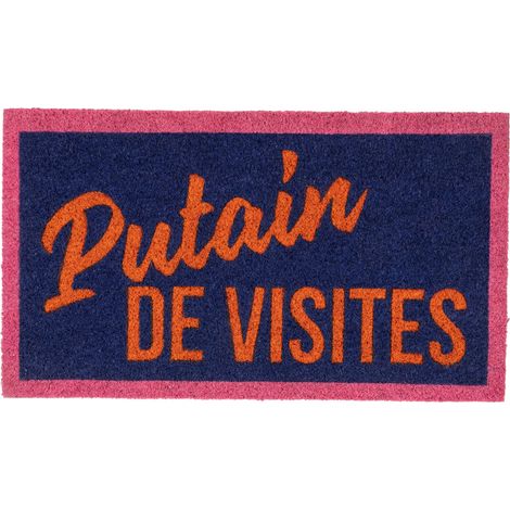 Fisura – Zerbino ingresso casa “Ptain de visites” in cocco con base antiscivolo in PVC, tappeto colorato dipinto a mano da interno, zerbino casa umoristico originale, 70 x 40 cm (1/5)