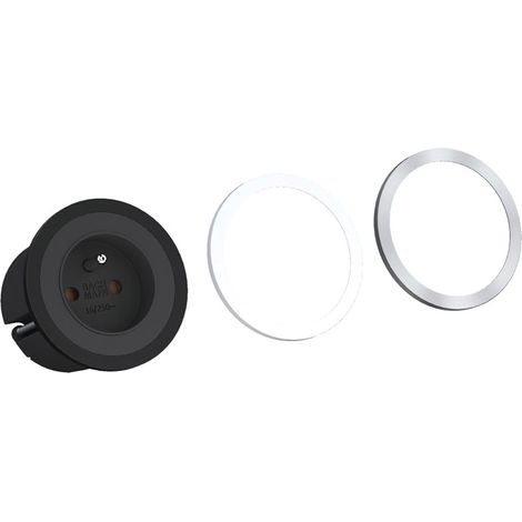 Prise encastrable pix 68 mm – Boîtier plastique noir – Sécurité enfant – Câble 2000 mm – 2 collerettes décoratives – Bachmann (1/2)