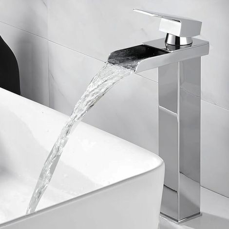 Robinet Salle de Bain Cascade Mitigeur de Lavabo Bec Haut pour Vasque Robinet Lavabo Corps en Acier Inox Chromé Design Moderne (1/5)