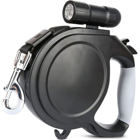 Laisse rétractable pour chien jusqu'à 30kg – Lampe LED détachable – Poignée antidérapante – Frein à une main – Serrure noire 5m