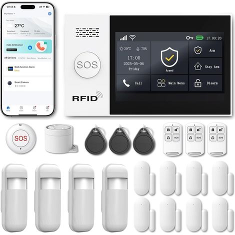 Kit Alarme Maison 24 Pièces, Centrale Écran Tactile 4,3", Sirène 120 DB, Détecteurs Mouvement, Capteurs Porte Fenêtre, WiFi 4G