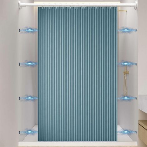 Rideau de Douche Pliable Aimantée avec Crochets, Imperméable Anti Moisissure, Lin pour Salle de Bain, Bleu, 80x200cm (1/2)