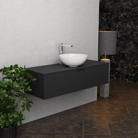 Inda - Badezimmerschrank B.120 mit Aufsatzwaschbecken / Mattschwarz 1 Schublade - Topazio (1/5)