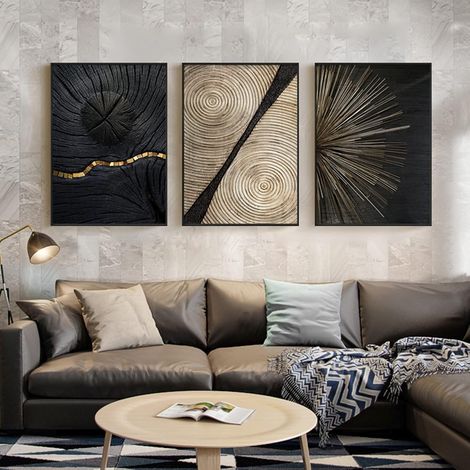 Lot de 3 posters sur toile - Texture des lignes - Doré, noir et blanc - Anneau annuel abstrait - Lignes sur toile - Art mural (40 x 60 cm)