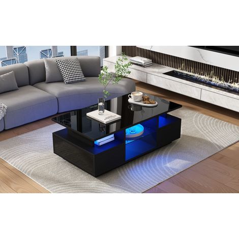 100 x 50 x 36 cm. Table de salon avec 2 tiroirs. Table d’appoint en verre brillant, équipée de LED. Table pour le café. Salle de stockage ouverte. Paravent en verre. Table pour le thé. Table de salon. (1/5)