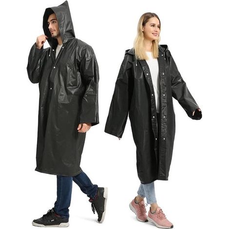 Poncho de pluie EVA avec capuche et cordon de serrage, modèle long unisexe et léger, taille unique, imperméable pour vélo et activités extérieures, noir (1/5)