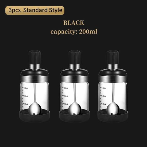 (3 pots à épices de 200 ml, noirs, sans poignée), boîte de rangement, avec cuillères (1/4)