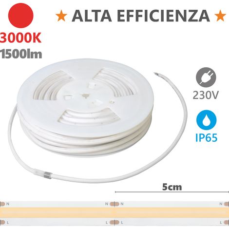 Alcapower Striscia LED 230V Serie HEM IP65 20m 3000K 15W/m 1500lm/m Bianco Caldo Luce Diffusa Alta Efficienza con 260 LED per Metro 230V AC (1/3)