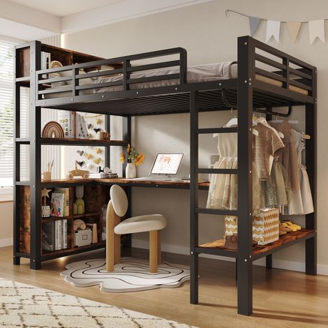 Cama alta de 90 x 200 cm, mesa, armario, estantes, espacio de almacenamiento, colchón no incluido, color negro. (1/5)