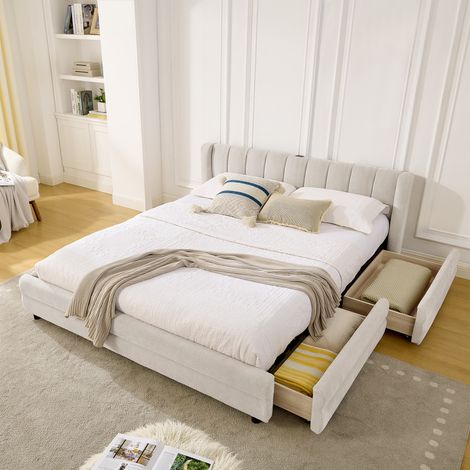Lit double 160x200 cm avec 4 tiroirs et port USB, lit adulte avec sommier à lattes, en chenille beige, sans matelas