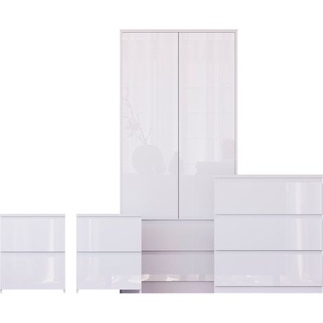 Glinton 4 Piece Bedroom Set (2 Drw Bedside x2, 3 Drw Chest, 2 Dr 2 Drw Wardrobe), White (100% FSC) (1/4)