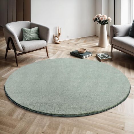 Tapis Moderne Moelleux à Poils Courts, antidérapant, Lavable Jusqu’à 30°C, Super Doux, Aspect Fourrure, pour Salon et Chambre, décoratif, Vert, 120 cm Rond (1/5)