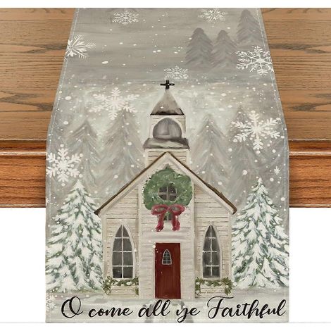 Chemin de table « Joyeux Noël » avec sapins de Noël, flocons de neige et nœud papillon, 33 x 183 cm (13 x 72 pouces). Décoration de table pour la cuisine et la salle à manger. (1/5)