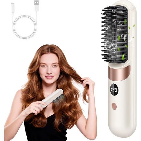 Brosse à cheveux sans fil avec affichage LED - 4 températures réglables de 140 °C à 199 °C, réglages anti-brûlure 3D, brosse à cheveux électrique portable pour les voyages et la maison