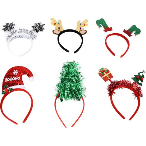 Lot de 6 bandeaux de Noël créatifs : arbre, renne, botte elfe, flocon, chapeau Père Noël, casquette scintillante pour fêtes (1/5)