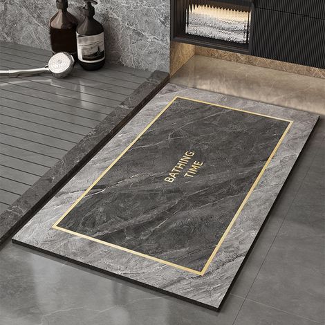 Tapis de Bain Absorbant, Antidérapant, Facile à Nettoyer, 40 x 60 cm, pour Salle de Bain, Cuisine et Entrée, Gris Marbre, Cadre Doré (1/5)