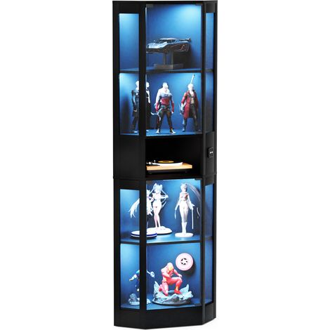 Vitrine en verre LED avec capteur de mouvement, portes vitrées à ouverture par pression, grand rangement pour salon ou bureau, finition noire – CHICFURN (1/5)