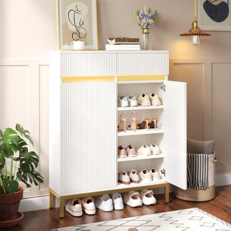 Meuble à chaussures 80x35x103 cm avec LED, 2 tiroirs, 2 portes et étagères réglables, MDF blanc pieds dorés (1/5)