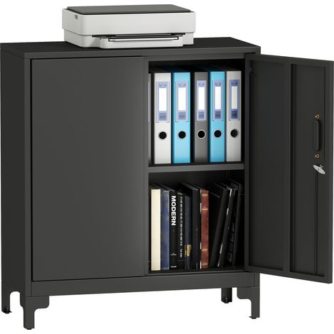 Mobile da ufficio a 2 ripiani, contenitore in metallo con 2 ante chiudibili a chiave, 80 x 35 x 91 cm, nero.