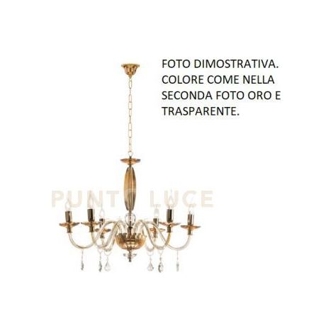 LAMPADARIO CECILIA 6 LUCI VETRO E CRISTALLO ORO E TRASPARENTE ATTACCO E14 D.60CM