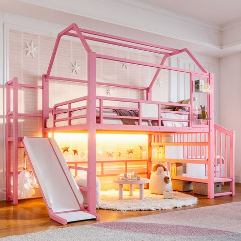 Lit mezzanine enfant 140x200 cm avec toboggan, escalier avec rangements, éclairage LED Bluetooth, structure maison en métal - Rose (1/5)