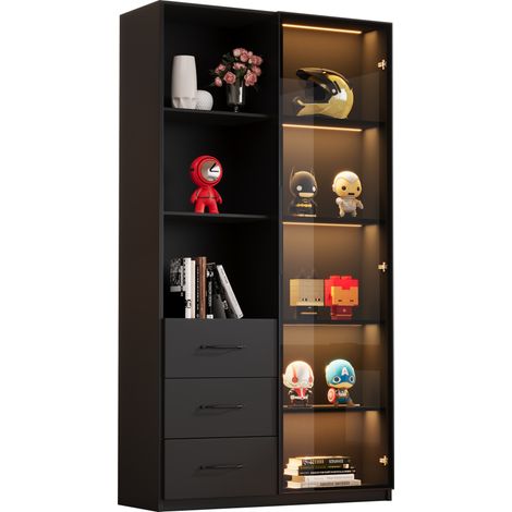 Vitrine LED 80x40x160 cm en bois et verre noir, avec rangement, pour salon FloraGrace (1/5)