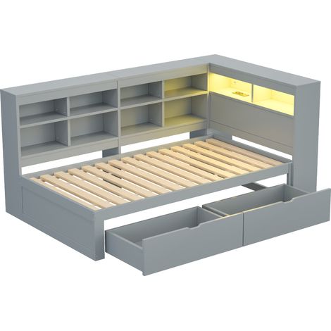 Canapé-lit en bois massif 90200 cm, avec compartiments de rangement, port USB, prise et barre LED, étagères et rangements, grand espace de rangement, lit simple multifonctionnel, gris (1/5)