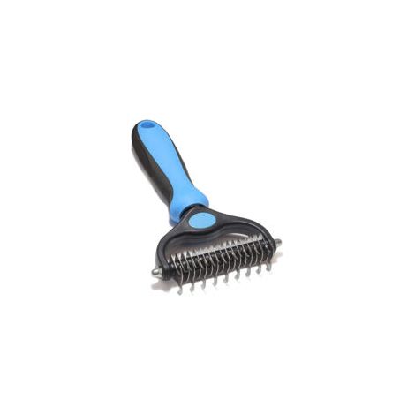 Brosse démêlante double face pour chien et chat, taille grande, 17 dents côté souple + 9 dents côté dense, couleur bleue, emballage blister (1/5)