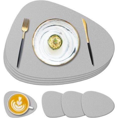 Lot de 4 sets de table et dessous de verre en silicone gris clair, 13,8 x 11,1 x 0,15 cm, antidérapants, lavables, adaptés aux tables à manger (1/5)