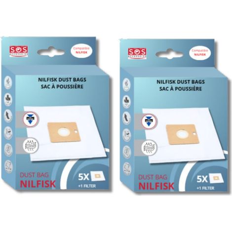 Ersatzteil - SOS Accessoire Lot de 2 boîtes de 5 sacs avec 1 pre filtre COUPE/COMPACT/GO/FORCE pour Aspirateur NILFISK 78602600, 22422400 - - NILFISK, FAKIR
