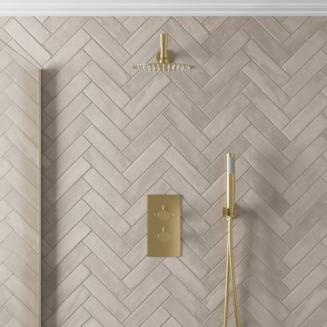 Thermostatic Mixer Shower Round Dual Head Handset Wall Mounted Modern Brass (1/5)
