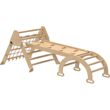 Triangle d'escalade enfant 8-en-1, rampe réversible, arc en bois naturel avec toboggan et échelle (1/5)