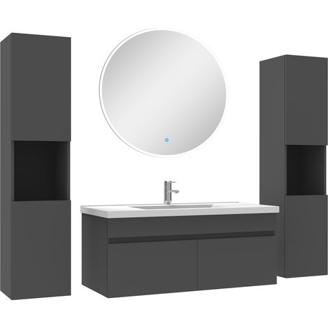 Ensemble meubles Salle de Bain simple vasque 100cm, colonnex2 et miroir rond Anthracite