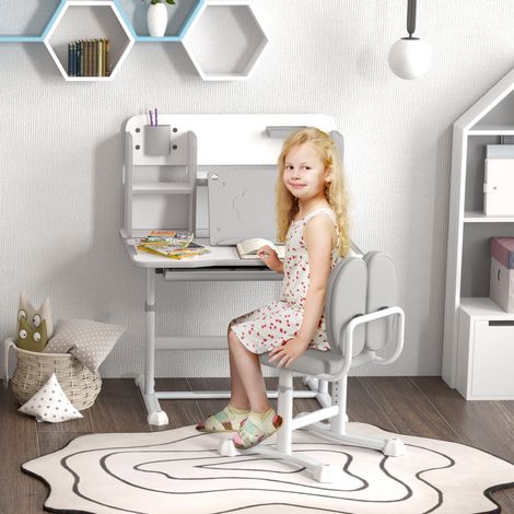 Ensemble bureau et chaise réglables pour enfants. Bureau d'écolier avec plateau inclinable. Tiroir. Étagère. Gris. (1/5)