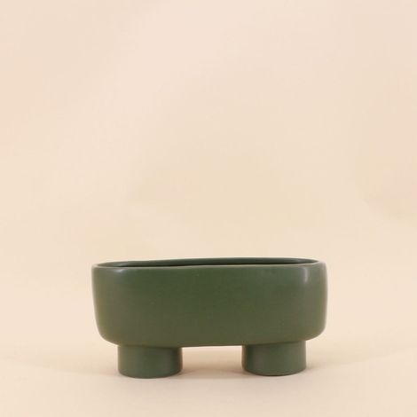 Cache pot en céramique ovale sur pieds vert 20cm