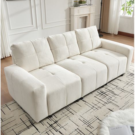 Sofa 3-Sitzer aus Chenille in Beige-Weiß, 213x94x84 cm, mit Schlaffunktion, verstellbarer Sitztiefe und Massivholzrahmen (1/5)