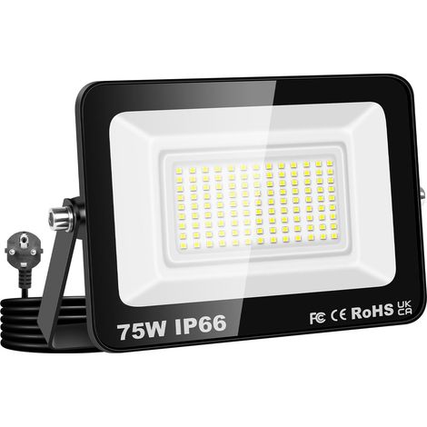 75W Projecteur Exterieur led, 7500LM Spot LED Extérieur avec Prise, 6000K Blanc Froid Eclairage Exterieur IP66 Imperméable lumière de Sécurité pour Jardin, Patio, Cour, Garage, Entrée (1/5)