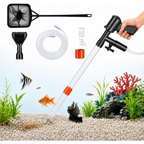 Kit de changement d'eau manuel pour aquarium – Aspirateur de gravier avec pompe à presse, tête de grattoir amovible, colliers de serrage et filet de pêche en bonus (1/5)