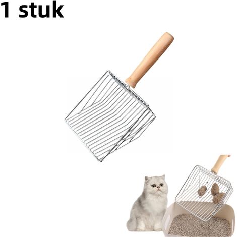 pelle à litière pour chat Grande Manche en bois Acier inoxydable Maille fine pour tous types de litière Hygiénique et sûre 14 5 x 5 5 x 28 cm Argentée (1/5)