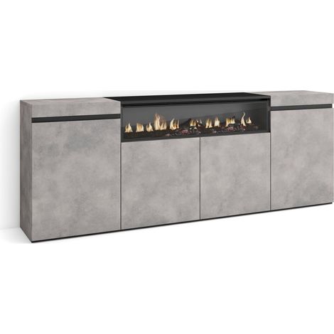 Skraut Home – Buffet moderne avec cheminée électrique – 200x75x35cm – 4 portes – Couleur ciment et noir – Meuble de rangement design (1/5)