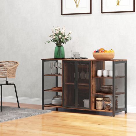 Küchen-Sideboard mit 6 offenen Regalböden, Glasablage und verstellbarem Einlegeboden für Bar oder Esszimmer, 120 x 40 x 76 cm, Rustikales Braun (1/5)